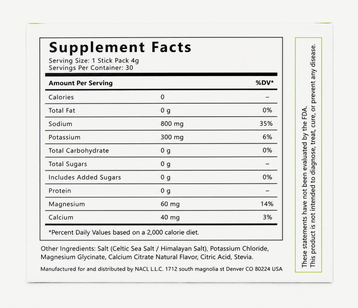 NACL+ Lemon Lime Supplement Facts on the back of the box