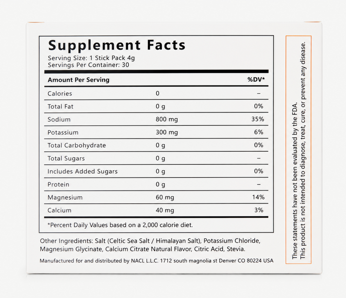 NACL+ Mango Supplement Facts on the back of the box